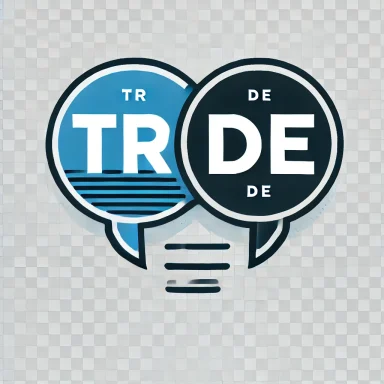 Türkisch - Deutsch Logo mit Sprechblasen in Blau und Schwarz, die "TR" und "DE" zeigen.