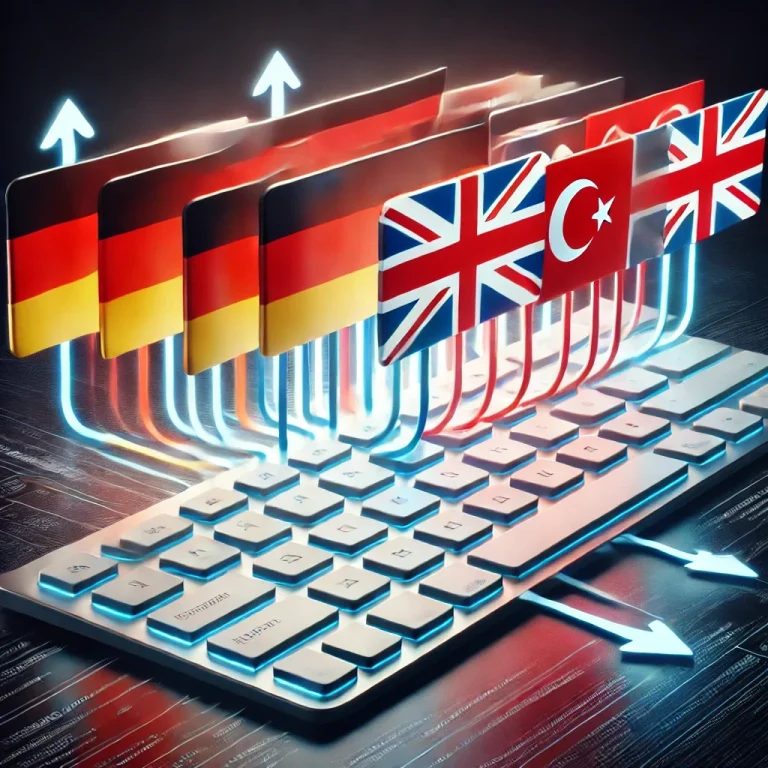 Türkisch–Deutsch beglaubigte Übersetzungen für Behörden, Notare und Unternehmen – Bozkurt-Babur Übersetzungsbüro Türkische und deutsche Tischflaggen in einem modernen Büro – Symbol für professionelle Türkisch–Deutsch Übersetzungen durch Bozkurt-Babur