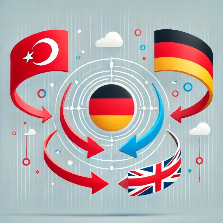 Symbole für den Austausch zwischen Deutschland, Türkei und Großbritannien mit Pfeilen.