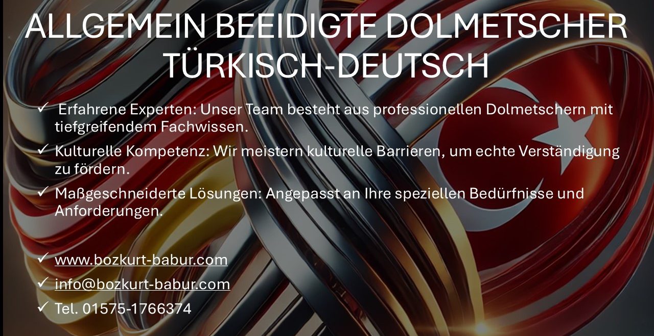 Text mit Titel "Allgemein Beeidigte Dolmetscher Türkisch-Deutsch" auf einem hintergründigen Flaggenmuster.