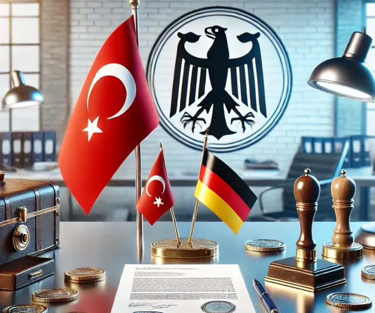 Türkische und deutsche Flaggen neben einem Dokument in einem Büro mit Wappen.