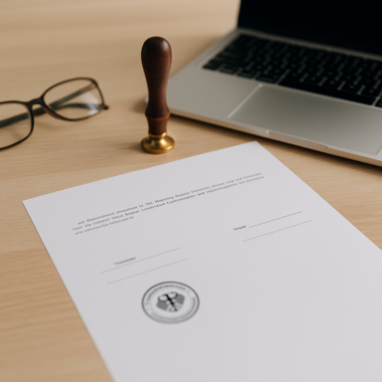 Symbolbild: Beglaubigte Übersetzung Türkisch ⇔ Deutsch – offiziell anerkannt in Deutschland und Türkei Beglaubigte Übersetzung Türkisch ⇔ Deutsch – Urkunde mit Stempel, Brille und Laptop auf Schreibtisch