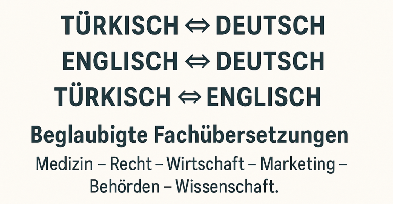 Beglaubigte Fachübersetzungen in drei Sprachen – Amtlich. Rechtssicher. Anerkannt. Verlässlich. Logo für beglaubigte Fachübersetzungen Türkisch ⇔ Deutsch, Englisch ⇔ Deutsch, Türkisch ⇔ Englisch – Medizin, Recht, Wirtschaft, Marketing