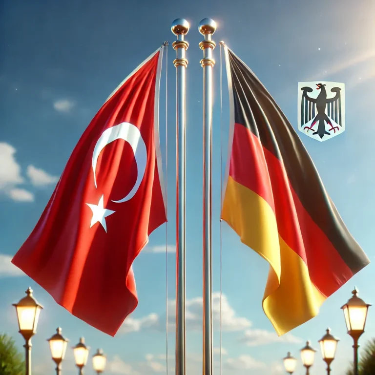 Türkische und deutsche Flagge, hinterlegt von einem blauen Himmel und Straßenlaternen.