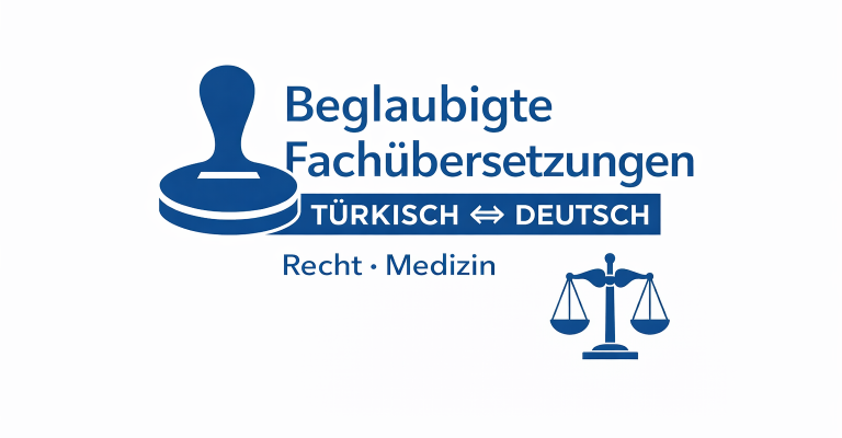 beglaubigte Übersetzungen Türkisch-Deutsch Stempel für beglaubigte Übersetzungen Türkisch-Deutsch, mit Justitia-Symbol.