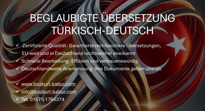 Text auf einem bunten Hintergrund: Beglaubigte Übersetzung Türkisch-Deutsch.