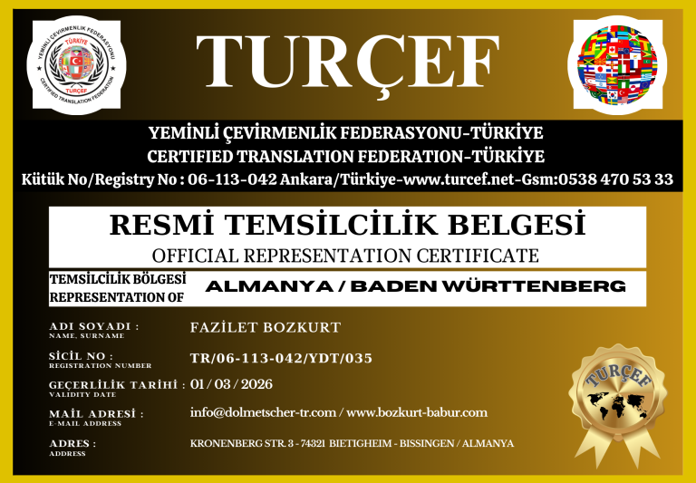 TURÇEF Repräsentanz-Zertifikat für Baden-Württemberg – Fazilet Bozkurt Offizielle TURÇEF-Vertreterurkunde für Deutschland – Übersetzerin Fazilet Bozkurt